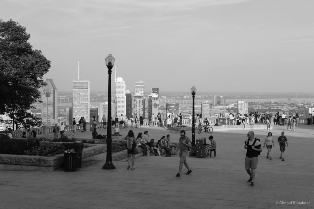 View of the Montreal skyline from Mount Royal, black and white