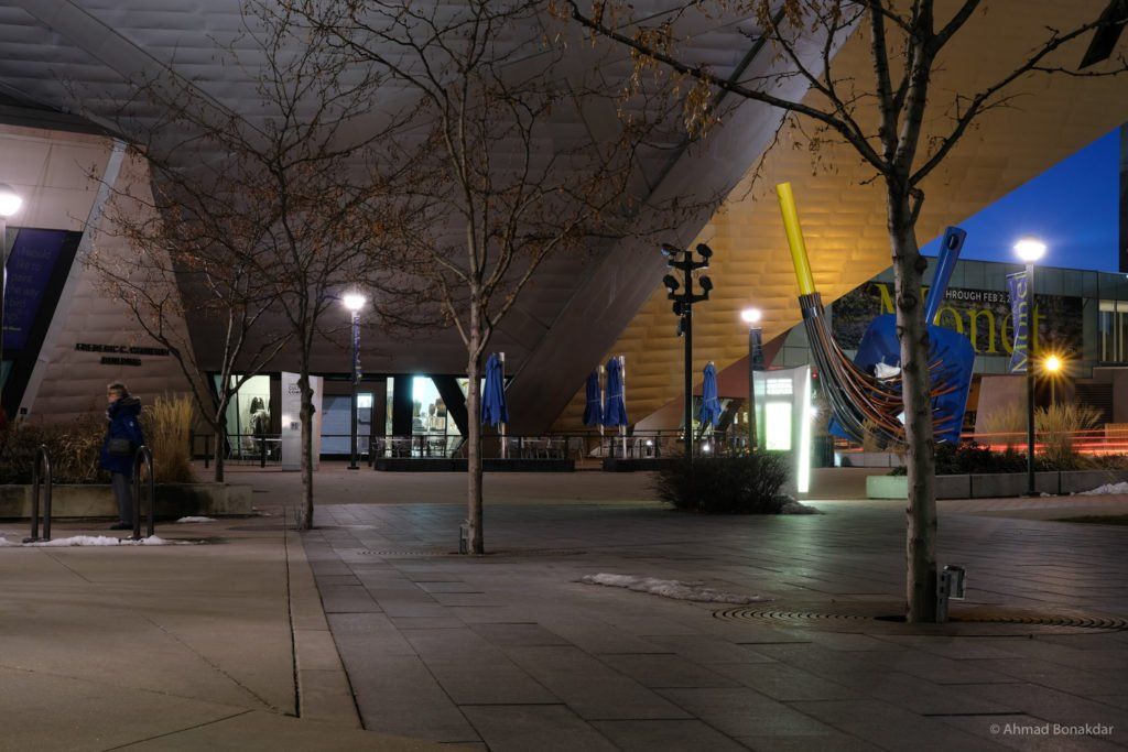 A city plaza at night in Denver